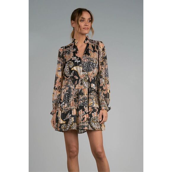 Elan Paisley Mini Dress Size Small Tiered Fully Lined Sheer Overlay - Picture 1 of 10